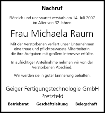 Anzeige von Michaela Raum von MGO