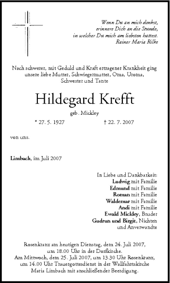 Anzeige von Hildegard Krefft von MGO
