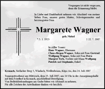 Anzeige von Margarete Wagner von MGO