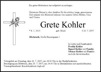 Anzeige von Grete Kohler von MGO