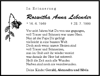 Anzeige von Roswitha Lebender von MGO