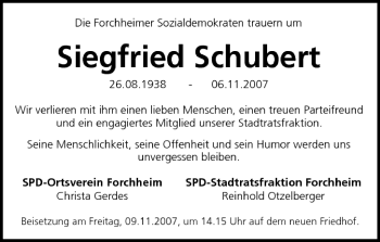 Anzeige von Siegfried Schubert von MGO