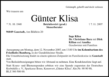 Anzeige von Günter Klisa von MGO