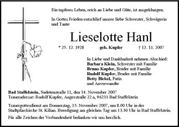 Anzeige von Lieselotte Hanl von MGO