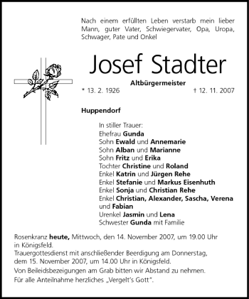 Anzeige von Josef Stadter von MGO
