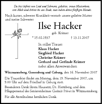 Anzeige von Ilse Hacker von MGO