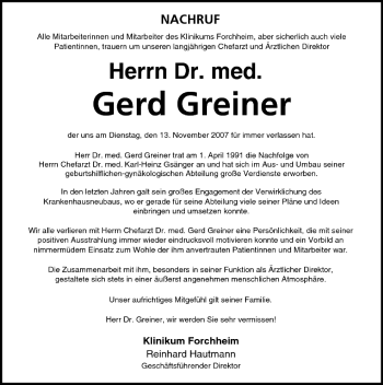 Anzeige von Gerd Greiner von MGO