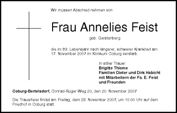 Anzeige von Annelies Feist von MGO