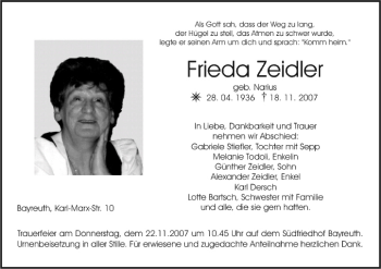 Anzeige von Frieda Zeidler von MGO