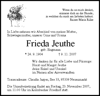 Anzeige von Frieda Jeuthe von MGO