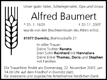 Anzeige von Alfred Baumert von MGO