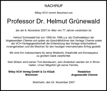 Anzeige von Helmut Grünewald von MGO