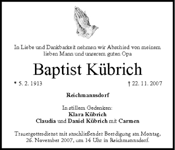Anzeige von Baptist Kübrich von MGO
