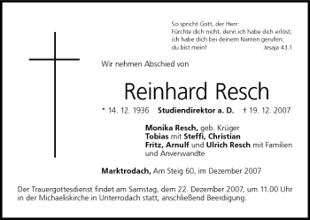 Anzeige von Reinhard Resch von MGO
