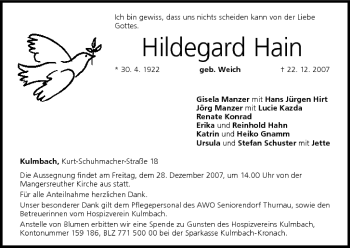 Anzeige von Hildegard Hain von MGO