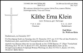 Anzeige von Käthe Erna Klein von MGO