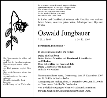 Anzeige von Oswald Jungbauer von MGO