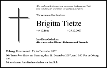Anzeige von Brigitta Tietze von MGO