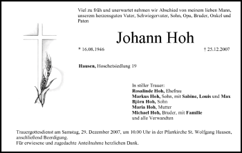Anzeige von Johann Hoh von MGO