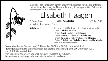 Anzeige von Elisabeth Haagen von MGO