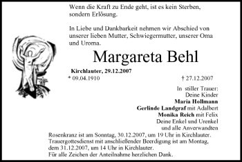 Anzeige von Margareta Behl von MGO