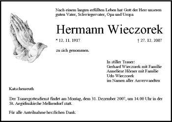 Anzeige von Hermann Wieczorek von MGO