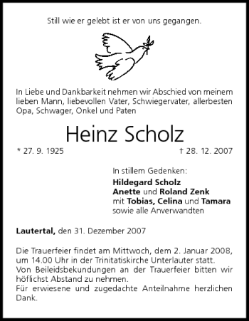 Anzeige von Heinz Scholz von MGO