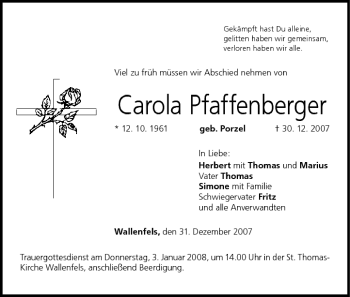 Anzeige von Carola Pfaffenberger von MGO