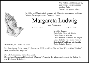 Anzeige von Margareta Ludwig von MGO