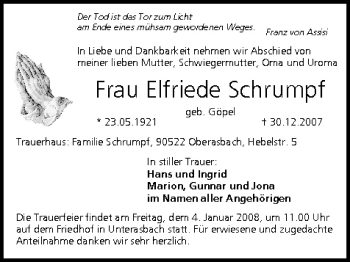 Anzeige von Elfriede Schrumpf von MGO