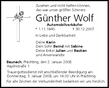 Anzeige von Günther Wolf von MGO