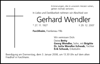 Anzeige von Gerhard Wendler von MGO