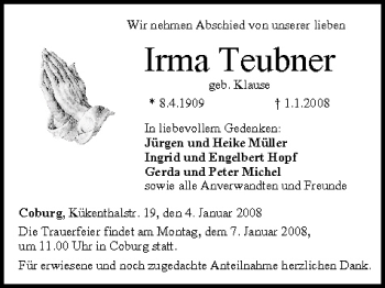 Anzeige von Irma Teubner von MGO