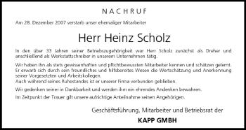 Anzeige von Heinz Scholz von MGO