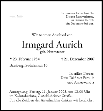 Anzeige von Irmgard Aurich von MGO