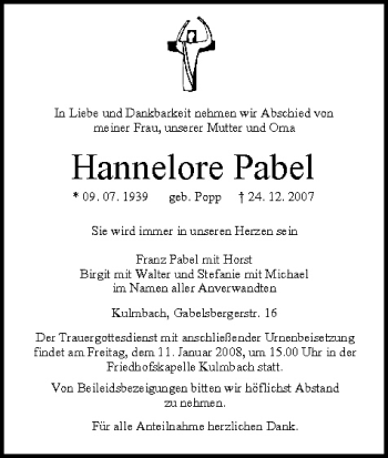 Anzeige von Hannelore Pabel von MGO