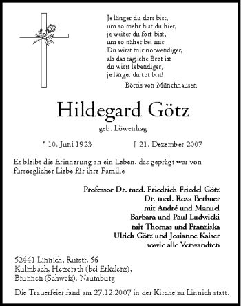 Anzeige von Hildegard Götz von MGO