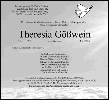 Anzeige von Theresia Gößwein von MGO