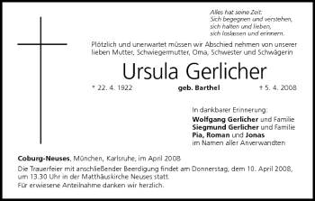 Anzeige von Ursula Gerlicher von MGO