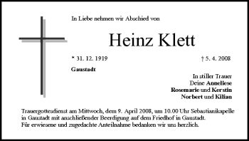 Anzeige von Heinz Klett von MGO