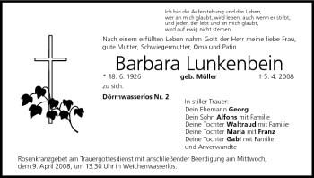 Anzeige von Barbara Lunkenbein von MGO