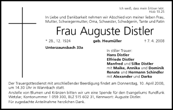 Anzeige von Auguste Distler von MGO