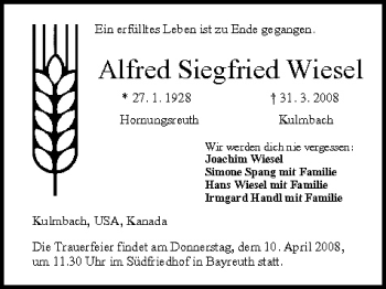 Anzeige von Alfred Siegfried Wiesel von MGO