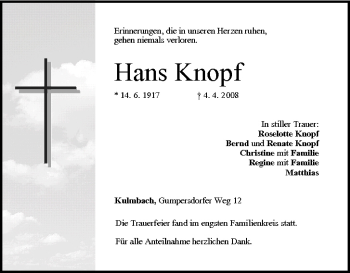 Anzeige von Hans Knopf von MGO