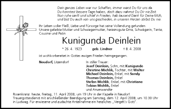 Anzeige von Kunigunda Deinlein von MGO