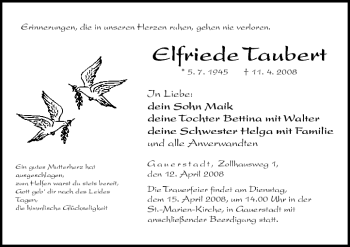 Anzeige von Elfriede Taubert von MGO