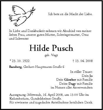 Anzeige von Hilde Pusch von MGO