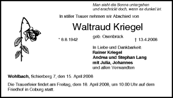 Anzeige von Waltraud Kriegel von MGO