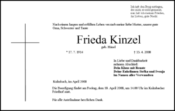 Anzeige von Frieda Kinzel von MGO