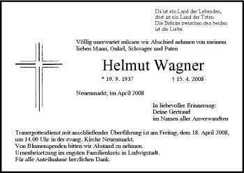 Anzeige von Helmut Wagner von MGO